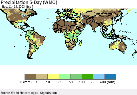 World Precipitation 5-Day (WMO) Thematic Map For 11/11/2023 - 11/15/2023