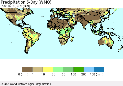 World Precipitation 5-Day (WMO) Thematic Map For 11/16/2023 - 11/20/2023