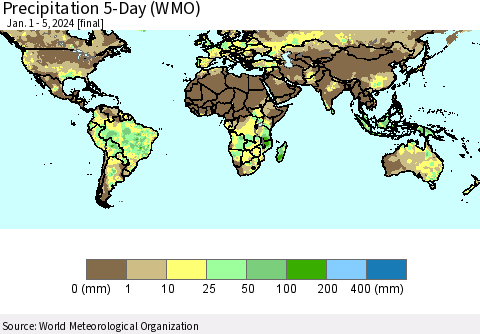 World Precipitation 5-Day (WMO) Thematic Map For 1/1/2024 - 1/5/2024