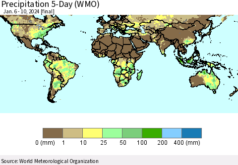 World Precipitation 5-Day (WMO) Thematic Map For 1/6/2024 - 1/10/2024