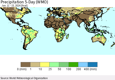 World Precipitation 5-Day (WMO) Thematic Map For 1/11/2024 - 1/15/2024