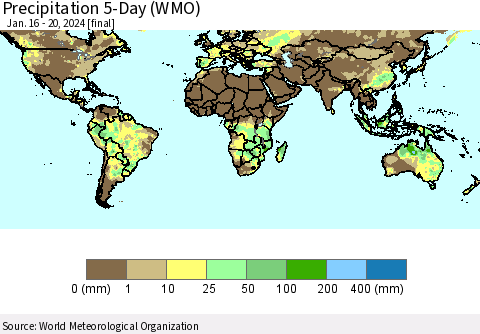 World Precipitation 5-Day (WMO) Thematic Map For 1/16/2024 - 1/20/2024