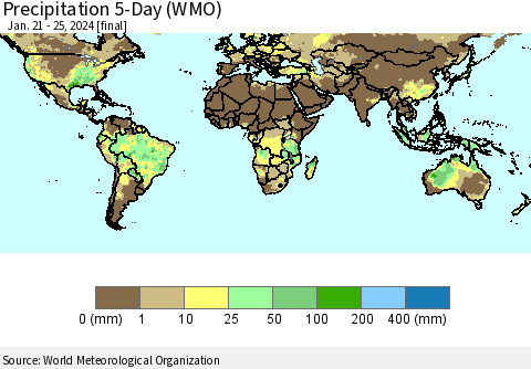 World Precipitation 5-Day (WMO) Thematic Map For 1/21/2024 - 1/25/2024