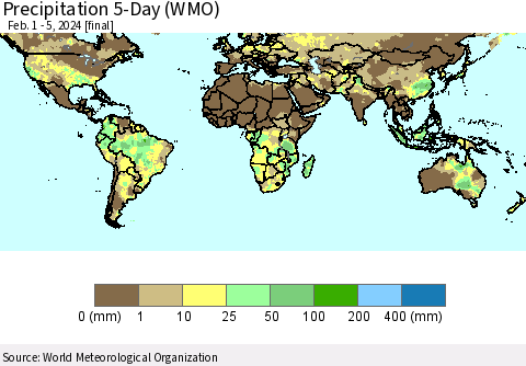 World Precipitation 5-Day (WMO) Thematic Map For 2/1/2024 - 2/5/2024
