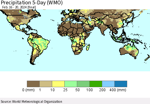 World Precipitation 5-Day (WMO) Thematic Map For 2/16/2024 - 2/20/2024