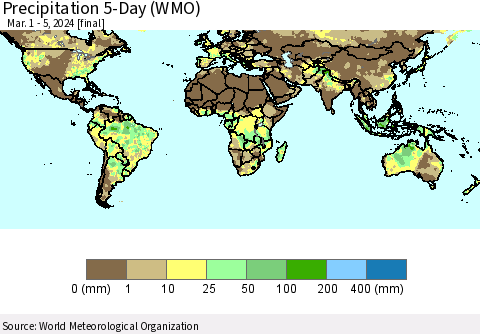 World Precipitation 5-Day (WMO) Thematic Map For 3/1/2024 - 3/5/2024