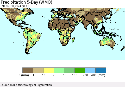 World Precipitation 5-Day (WMO) Thematic Map For 3/6/2024 - 3/10/2024