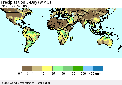 World Precipitation 5-Day (WMO) Thematic Map For 3/16/2024 - 3/20/2024