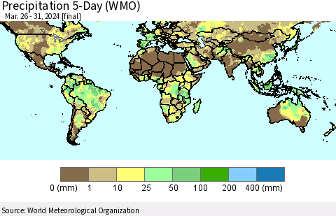 World Precipitation 5-Day (WMO) Thematic Map For 3/26/2024 - 3/31/2024