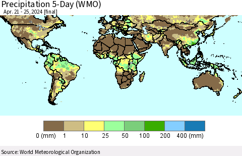 World Precipitation 5-Day (WMO) Thematic Map For 4/21/2024 - 4/25/2024