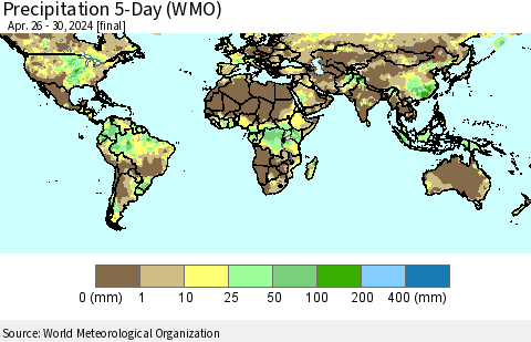 World Precipitation 5-Day (WMO) Thematic Map For 4/26/2024 - 4/30/2024