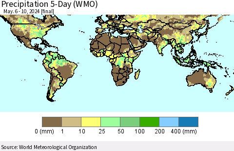 World Precipitation 5-Day (WMO) Thematic Map For 5/6/2024 - 5/10/2024