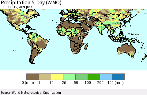 World Precipitation 5-Day (WMO) Thematic Map For 7/11/2024 - 7/15/2024