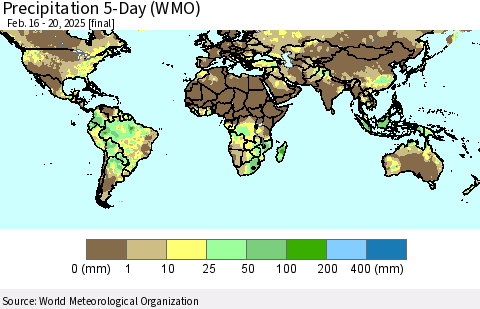World Precipitation 5-Day (WMO) Thematic Map For 2/16/2025 - 2/20/2025