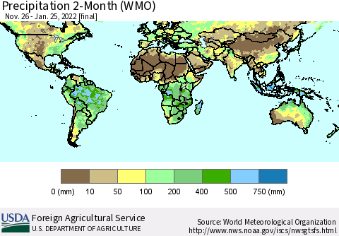 World Precipitation 2-Month (WMO) Thematic Map For 11/26/2021 - 1/25/2022