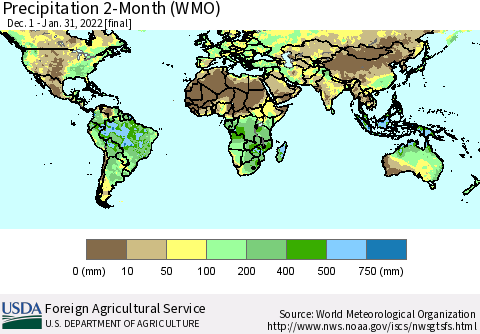 World Precipitation 2-Month (WMO) Thematic Map For 12/1/2021 - 1/31/2022