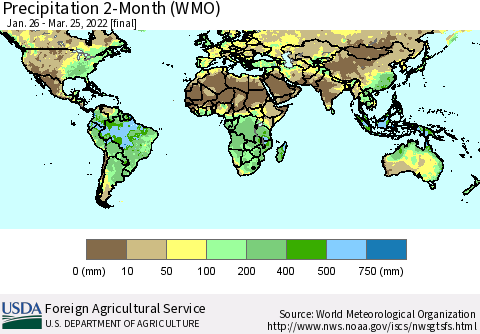 World Precipitation 2-Month (WMO) Thematic Map For 1/26/2022 - 3/25/2022