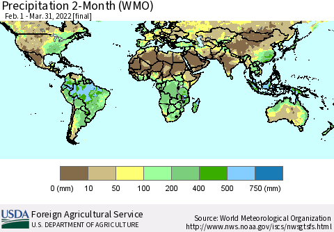 World Precipitation 2-Month (WMO) Thematic Map For 2/1/2022 - 3/31/2022