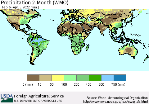 World Precipitation 2-Month (WMO) Thematic Map For 2/6/2022 - 4/5/2022