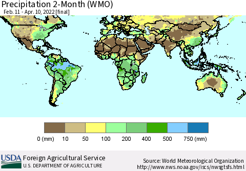 World Precipitation 2-Month (WMO) Thematic Map For 2/11/2022 - 4/10/2022