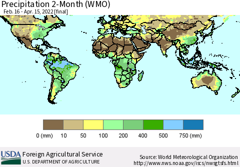 World Precipitation 2-Month (WMO) Thematic Map For 2/16/2022 - 4/15/2022