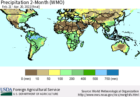 World Precipitation 2-Month (WMO) Thematic Map For 2/21/2022 - 4/20/2022