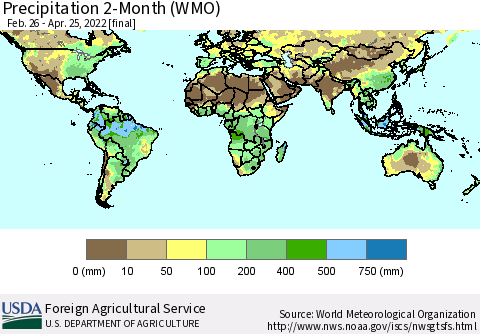 World Precipitation 2-Month (WMO) Thematic Map For 2/26/2022 - 4/25/2022