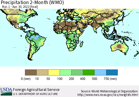 World Precipitation 2-Month (WMO) Thematic Map For 3/1/2022 - 4/30/2022