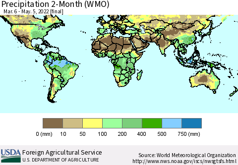 World Precipitation 2-Month (WMO) Thematic Map For 3/6/2022 - 5/5/2022