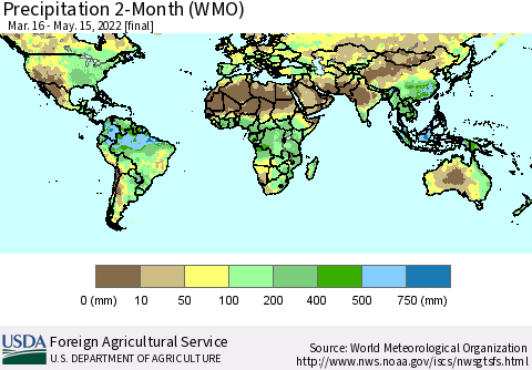World Precipitation 2-Month (WMO) Thematic Map For 3/16/2022 - 5/15/2022