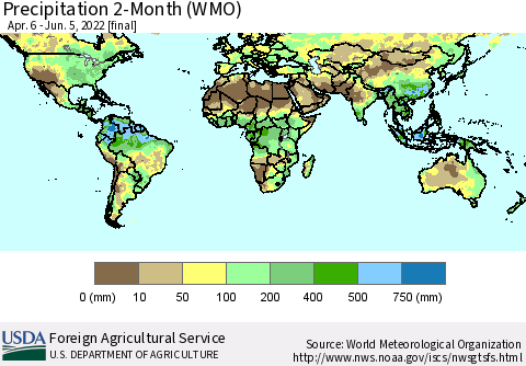 World Precipitation 2-Month (WMO) Thematic Map For 4/6/2022 - 6/5/2022