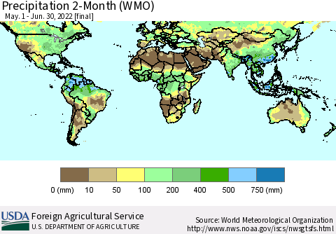 World Precipitation 2-Month (WMO) Thematic Map For 5/1/2022 - 6/30/2022