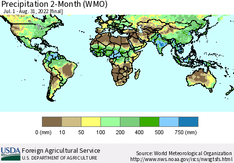 World Precipitation 2-Month (WMO) Thematic Map For 7/1/2022 - 8/31/2022