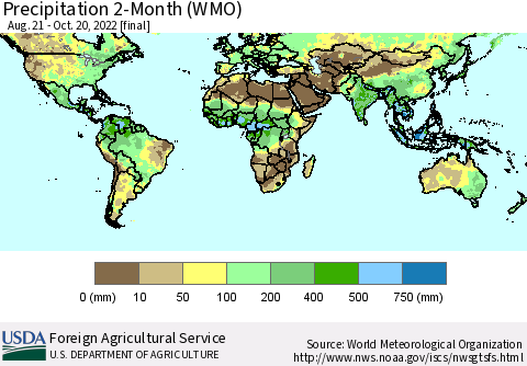 World Precipitation 2-Month (WMO) Thematic Map For 8/21/2022 - 10/20/2022