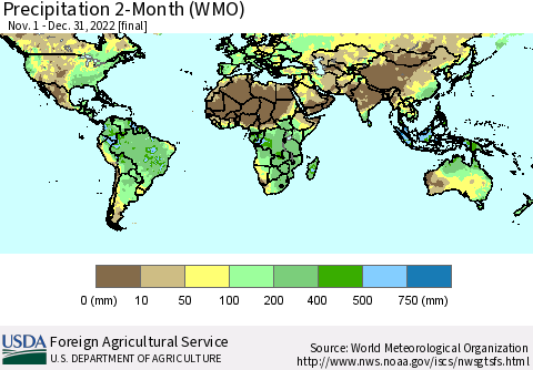 World Precipitation 2-Month (WMO) Thematic Map For 11/1/2022 - 12/31/2022