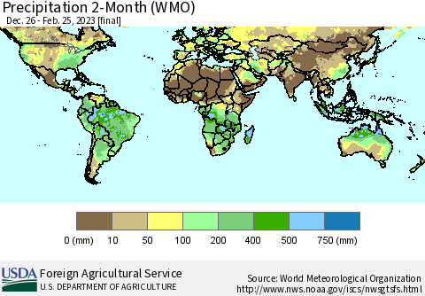 World Precipitation 2-Month (WMO) Thematic Map For 12/26/2022 - 2/25/2023