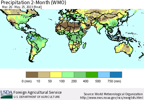 World Precipitation 2-Month (WMO) Thematic Map For 3/26/2023 - 5/25/2023