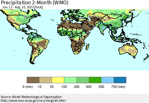 World Precipitation 2-Month (WMO) Thematic Map For 6/11/2023 - 8/10/2023