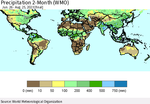 World Precipitation 2-Month (WMO) Thematic Map For 6/26/2023 - 8/25/2023