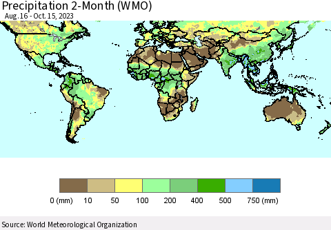 World Precipitation 2-Month (WMO) Thematic Map For 8/16/2023 - 10/15/2023