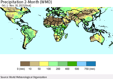 World Precipitation 2-Month (WMO) Thematic Map For 10/1/2023 - 11/30/2023