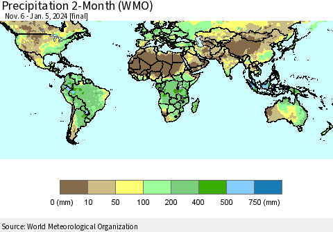 World Precipitation 2-Month (WMO) Thematic Map For 11/6/2023 - 1/5/2024