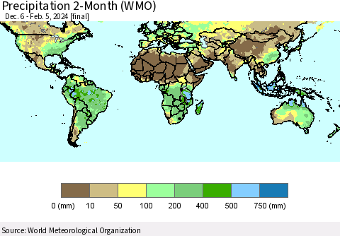 World Precipitation 2-Month (WMO) Thematic Map For 12/6/2023 - 2/5/2024