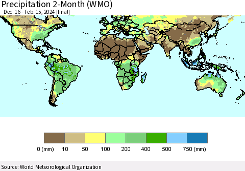 World Precipitation 2-Month (WMO) Thematic Map For 12/16/2023 - 2/15/2024