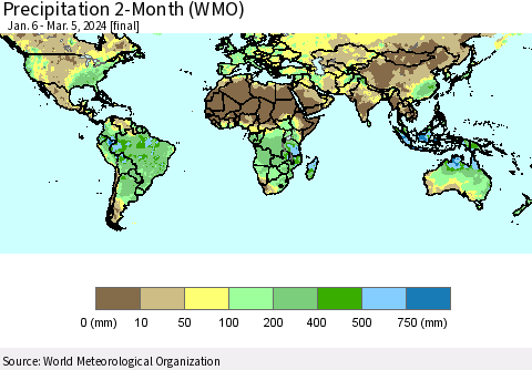 World Precipitation 2-Month (WMO) Thematic Map For 1/6/2024 - 3/5/2024