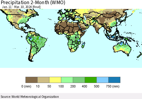World Precipitation 2-Month (WMO) Thematic Map For 1/11/2024 - 3/10/2024