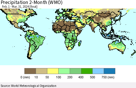 World Precipitation 2-Month (WMO) Thematic Map For 2/1/2024 - 3/31/2024