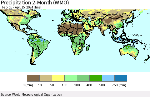 World Precipitation 2-Month (WMO) Thematic Map For 2/16/2024 - 4/15/2024