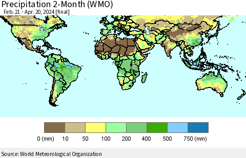 World Precipitation 2-Month (WMO) Thematic Map For 2/21/2024 - 4/20/2024
