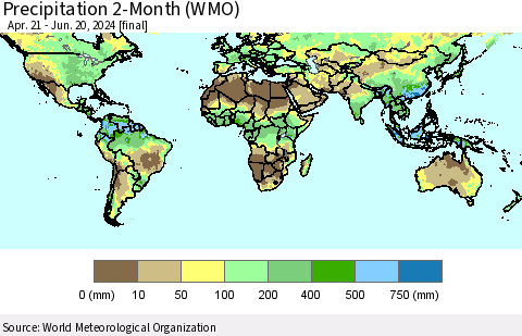World Precipitation 2-Month (WMO) Thematic Map For 4/21/2024 - 6/20/2024